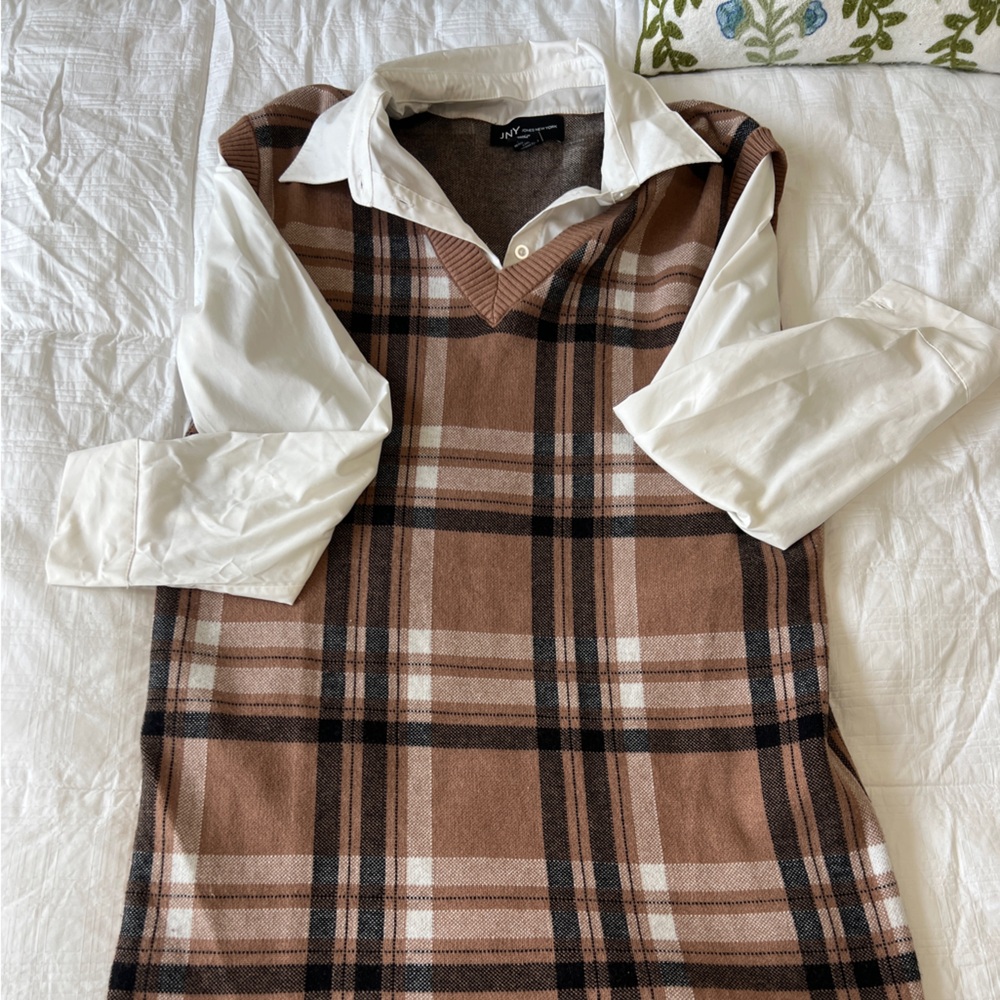 Jones New York Brown Plaid Long Sleeve Dress